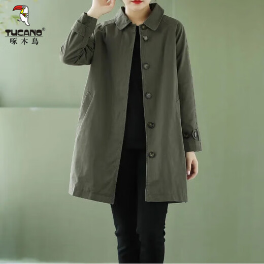 Woodpecker Washed Pure Cotton Windbreaker Women's Medium Long Korean Style Large D Size Loose Cape Coat Spring and Autumn Slim Thin Jacket Khaki XL Recommended 125--135Jin Jin is equal to 0.5 kg