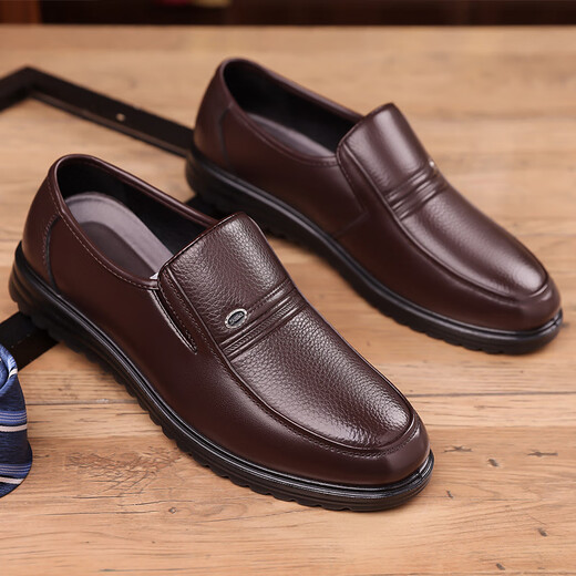 Woodpecker leather shoes men's spring and autumn new slip-on men's business casual shoes soft sole round toe middle-aged and elderly dad shoes Baita black 40