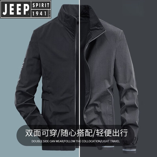 JEEP SPIRIT Jeep 2025 Spring New Double-Side Jacket Men's Stand Collar High-end Business Casual Men's Spring and Autumn Jacket Trend Spring and Autumn Double-Side Wear (6626-Dark Gray) XL