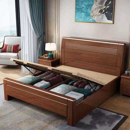 Walnut solid wood bed 1.5mx2m new Chinese style 1.8m bedroom furniture single double bed wedding bed storage bed single bed without mattress bedside table 1500mm*2000mm frame structure