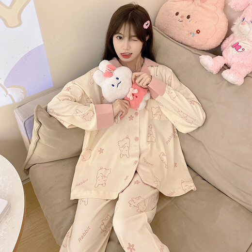 Leichte Yilinju-Pyjamas für Frauen im Frühjahr und Herbst Baumwolle langärmelige Strickjacke japanische süße Linie Kaninchen einfache Style Anzug Sommer Hauskleidung 6169 Smile Rabbit M.