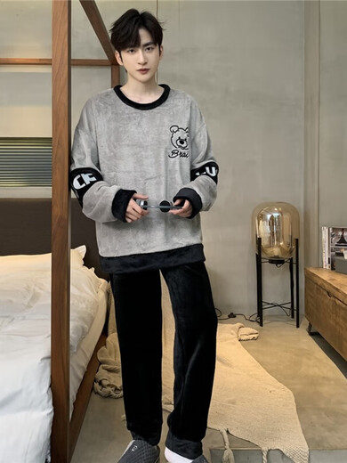 睡衣男秋冬季法兰绒加厚保暖圆领卡通学生中青少年宽松男士家居服 WYEX3883 L(推荐90-115斤) 均码