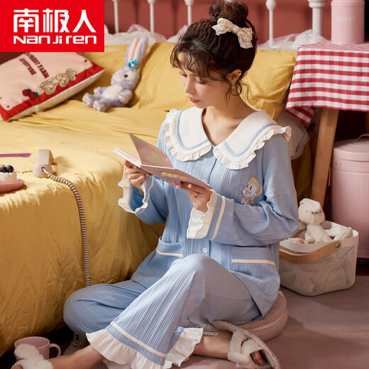 Antarktische Pyjama Frauen Frühling und Herbst reines Baumwoll-Langarm-Heimkleidung Vollte Baumwolle großer Größe 2024 neuer Set JM3527 M [80-98jin [Jin entspricht 0,5 kg]]