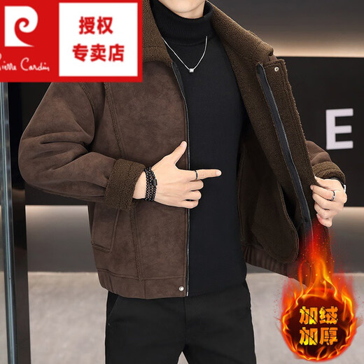 Pierre Cardin fur integrated men's winter velvet thickened deerskin lapel jacket warm cotton jacket trendy brown 3XL