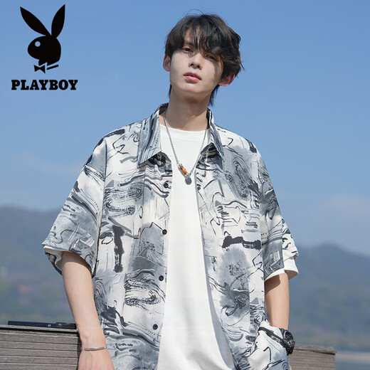 Playboy (Playboy) Trate de protection solaire à tir-dye à manches courtes pour hommes Spring and Summer Ice Silk Flower Smooth Flower pour hommes de grande taille de plage mince plage pour hommes CD5484-Black XL recommandé 125-145jin [Jin est égal à 0,5 kg]