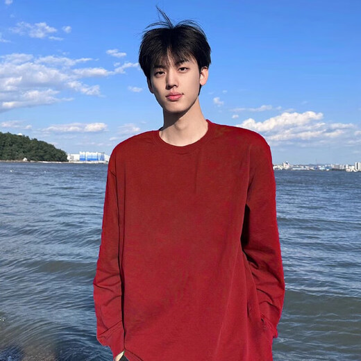 NYING American heavyweight pure cotton right shoulder long-sleeved T-shirt for men 25 spring and autumn new trendy casual large size loose top black XL (125-145Jin Jin equals 0.5 kg)