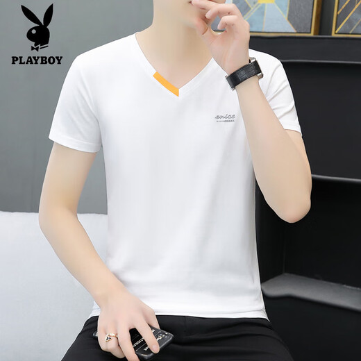 Playboy (Playboy) Sommer Neue Männer Pure Cotton V-Ausschnitt mit halbärmeligem T-Shirt Trendy Casual Letters Drucken Hühnerhart Hals kurzärmelig T-Shirt 691 Hellgrau M 90-100jin [Jin entspricht 0,5 kg]