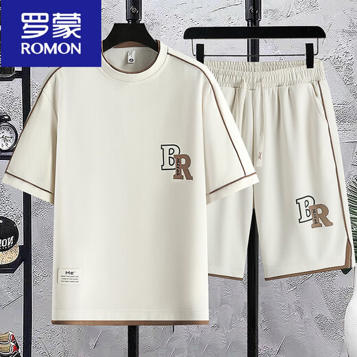 
ROMON ice silk t-shirt men casual sports suit summer letter printing half-sleeved men youth short-sleeved shorts two-piece set T K1301 black [top + pants] M