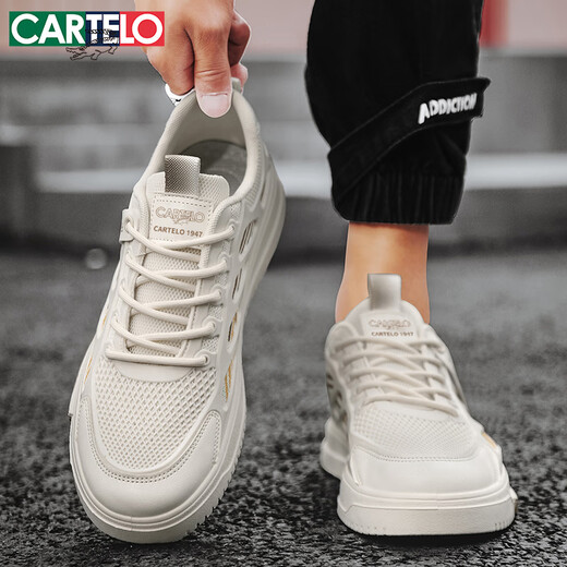 卡帝乐鳄鱼（CARTELO）鞋子男鞋秋季2025爆款飞织网面休闲鞋男透气低帮板鞋 米色 42码