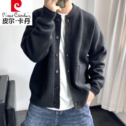 Pier Cardin autumn and winter new wool cardigan sweater for boys Korean fashion youth versatile casual solid color sweater jacket Black S domestic product