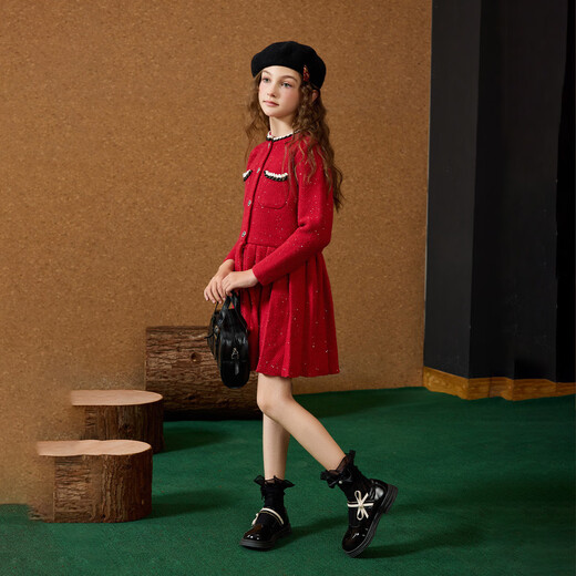ASK JUNIOR Xiaoxiangfeng children's skirt winter girls' round neck New Year's knitted sweater skirt mid-length princess skirt big red 150