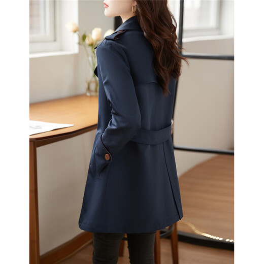 Shang Jing windbreaker jacket for women mid-length small double-breasted solid color high-end fashion slimming windbreaker Navy blue XL
