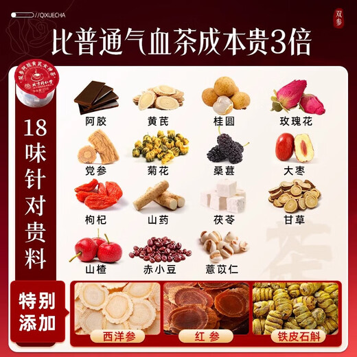 同仁堂（TRT）双参阿胶黄芪女神茶人红参西洋参红枣枸杞气血滋补茶225g*2盒