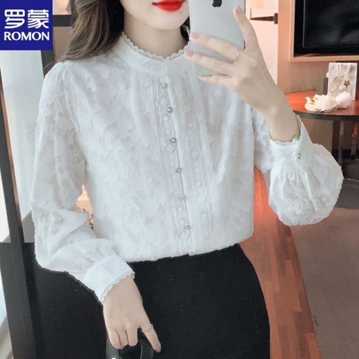 ROMON velvet thickened lace long-sleeved shirt women's base layer 2025 autumn and winter new style chic chiffon shirt stand collar white plus/velvet M