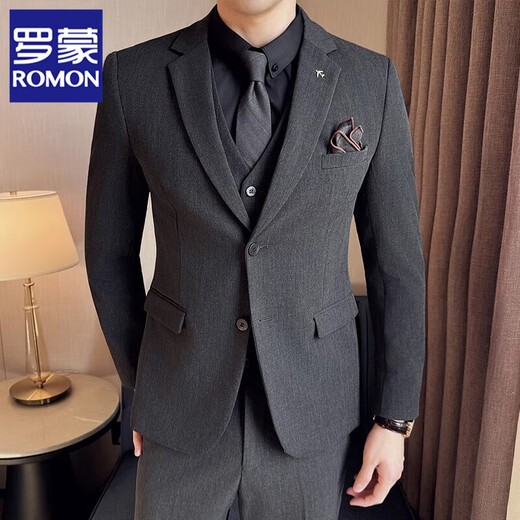 罗蒙（ROMON）新郎结婚西装套装男修身西服三件套礼服商务休闲英伦风职业正装 9889深灰 两件套【西服+裤子】 M 48【95-110斤穿】