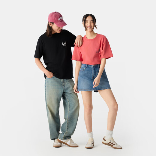 Gap [Valentine's Day] Men's and Women's Spring New Printed Cotton Round Neck Loose Short Sleeve T-shirt American Version 729123 Black M US Code L Asian Code 180/96A