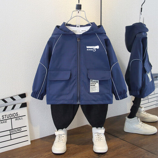Spring and autumn new Korean style fashionable hooded windbreaker jacket for middle-aged and older children, boys' personalized printed handsome jacket, trendy lock ring jacket, navy blue 120
