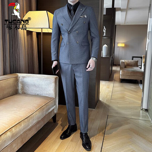 Woodpecker (TUCANO) lapel collar double-breasted suit men's slim suit striped small suit professional formal suit groom handsome wedding dress black one-piece suit XL