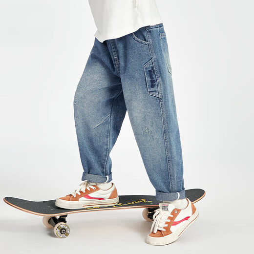 
Disney boys jeans spring children's contrasting color line embroidered casual trousers medium-sized children's fashionable and stylish boys children's clothing trend denim blue 130 cm