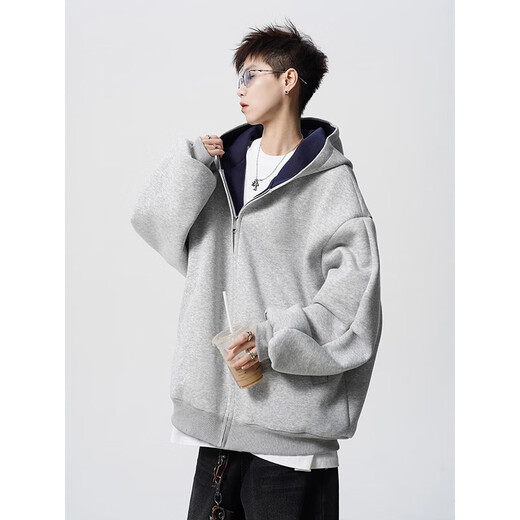 Heavy zipper cardigan sweatshirt for men and women in autumn American loose couple hoodie vibe high street casual hooded jacket gray 400g contrasting color single-sided cardigan sweatshirt 2XL recommended 145-165Jin Jin equals 0.5 kg