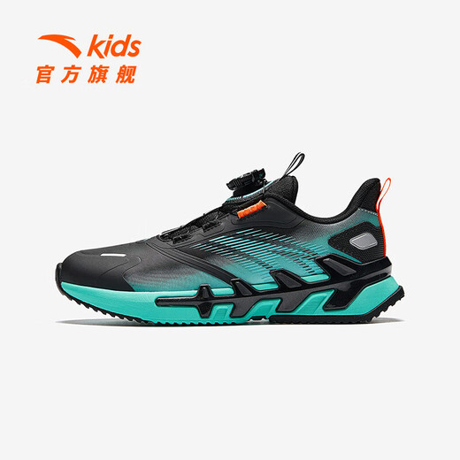 ANTA Children's Sports Shoes Men's Big Children's Shoes 2025 Spring New Leather Windproof Knob Button Cushioning Bow Speed ​​Running Shoes Black/Fluorescent Aqua-2 Size 33