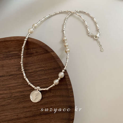 Youshu light luxury niche sterling silver pearl necklace for women 2024 new style French drip glaze flower necklace flower round brand style in stock