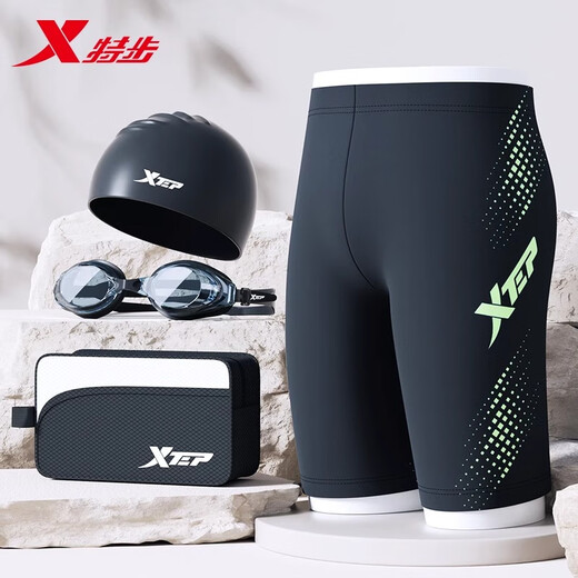 Xtep swimming trunks men's adult 2024 new five-point swimming trunks hot spring anti-embarrassment swimming equipment men's complete set blue swimming trunks + swimming goggles + silicone cap XL recommended weight 130-150Jin Jin equals 0.5 kg