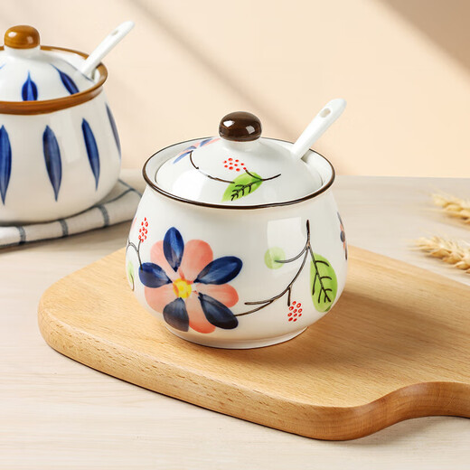 Baijie lard jar ceramic high temperature resistant kitchen seasoning jar chili oil seasoning jar oil spicy oil storage tank oil container orchid pattern + spoon 350ml