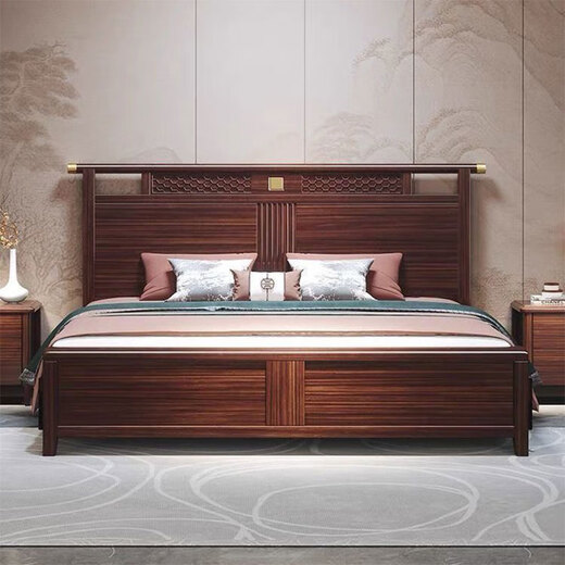 Yuyang Bett Neues chinesisches Stil schwarzes Goldmassivholzbett 1,8 m 2 m Doppelbett Schlafzimmermöbel Hochzeitsbett 9901c# High Box Bett + Latex braune Matte [bequem und atmungsaktiv] 1,8*2,0 m [Stummbett)
