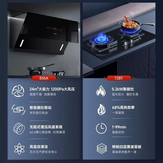 German and Italian range hood for household use, side-sucking frequency conversion range hood, 1200pa static pressure 24 air volume, large suction, wave hand intelligent control and one-click self-cleaning [Smoke and stove linkage package] 856A+728T natural gas