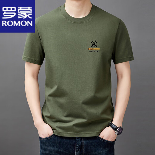 罗蒙（ROMON）男士短袖t恤纯棉圆领半袖上衣2025夏季薄款休闲时尚凉感体恤衫男 短袖YW9929驼色 M 165建议90-120斤
