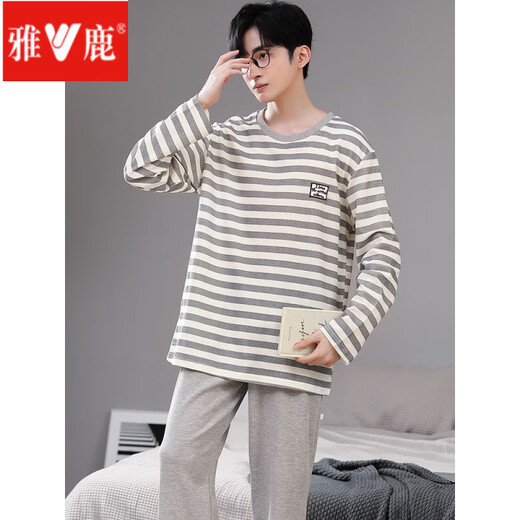 
Yalu Spring and Autumn Pajamas Men's Cotton Large Size Loose Korean Student Long Sleeve Set Can Be Wear Winter and Summer Home Suit ZY9906 L (Suggested-130Jin[Jin is equal to 0.5 kg])