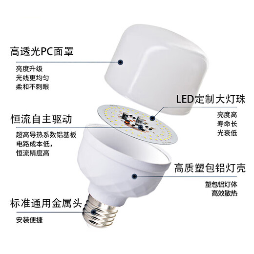 Jinggong LED high-power light bulb E27 large screw socket high-power property factory commercial high-brightness light source 10W white light