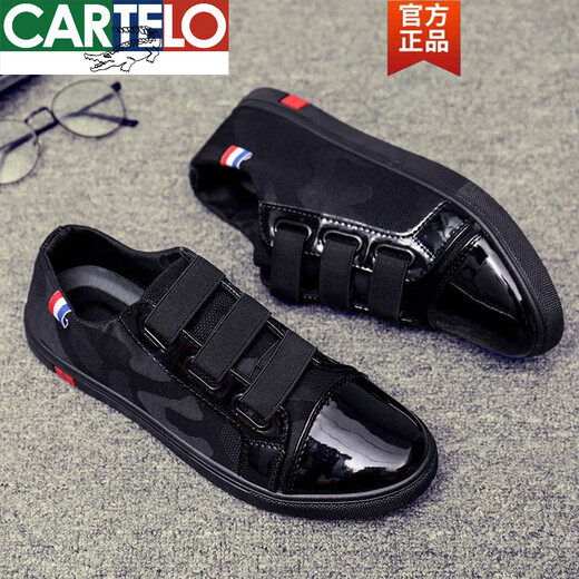 卡帝乐鳄鱼（CARTELO）帆布鞋男一脚蹬懒人男鞋韩版休闲黑色学生布鞋不系带潮流春季鞋子 9926黑色 42