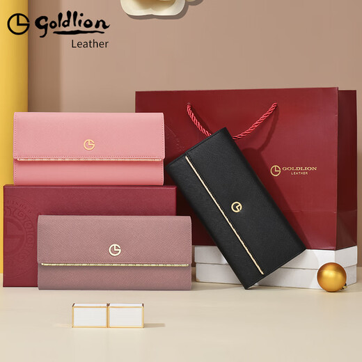 金利来（Goldlion）钱包女士长款新款真皮皮夹品牌手拿包简约手包 芋粉色
