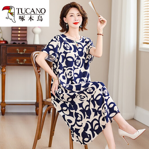 Woodpecker's new style of cotton silk dress for middle-aged mothers in summer, middle-aged and elderly high-end fashionable rich wife artificial cotton skirt No. 4 color 719# XL Recommended 90-110Jin [Jin equals 0.5 kg]