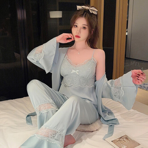 莫代尔秋冬季性感带胸垫冰雪丝睡衣女2025新款长袖春夏家居服吊带三件套 9226-2黑色 【两件套】 L 【100-120斤】