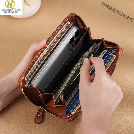 Kuqidaishu Craft billetera italiana Femenina Long Zipper Gran capacidad Clutch Fashion Fashion Casual Phone Bag Card de mujeres Crack Brown