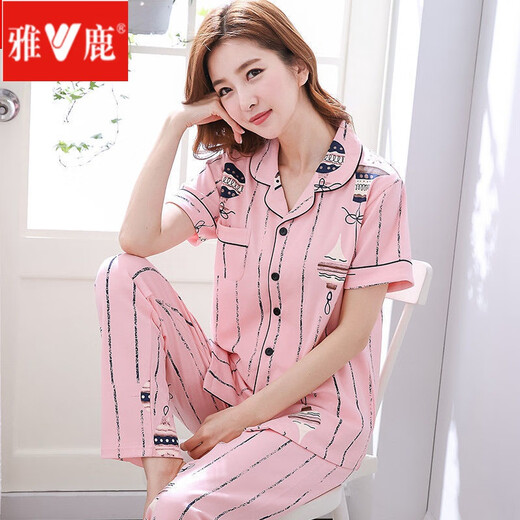 
Yalu cotton pajamas for women in summer short-sleeved trousers set thin half-sleeved large-size home clothing KZ9901 set* 2XL size [suitable for 140-160Jin [Jin equals 0.5 kg] wear]