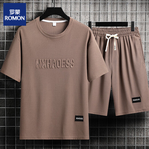 
ROMON casual sports suit men's summer trendy ice silk T-shirt thin shorts large size short sleeves handsome paired with two-piece suit - TZ829 gray [top + pants] XL Recommended 130-145 Jin [Jin equals 0.5 kg]