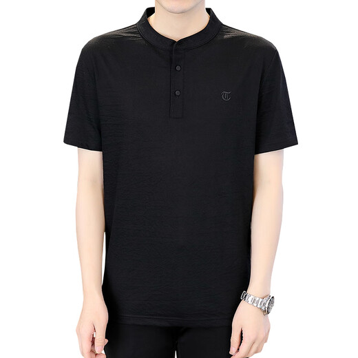 Luo Meng men's stand collar short-sleeved summer linen shirt t-shirt thin new Chinese style cotton and linen half-sleeved casual tops men's 62372 black XL