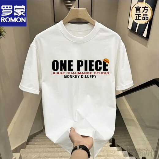 Romon (ROMON) Japanese One Piece Nika Luffy cartoon peripheral short-sleeved men's autumn teenager student round neck T-shirt top trend V1048 black M