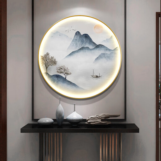 山头林村新中式圆形装饰画客厅玄关灯画山水画茶室禅意挂画水墨画风景壁画 724 直径50cm