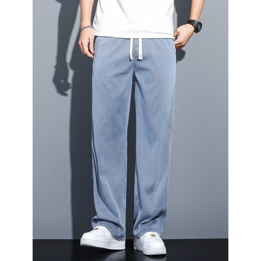 Lomon summer thin ice silk casual pants for men loose straight-leg Tennis denim wide-leg pants for men trendy brand trousers for men 1048 blue + 1048 black 2XL