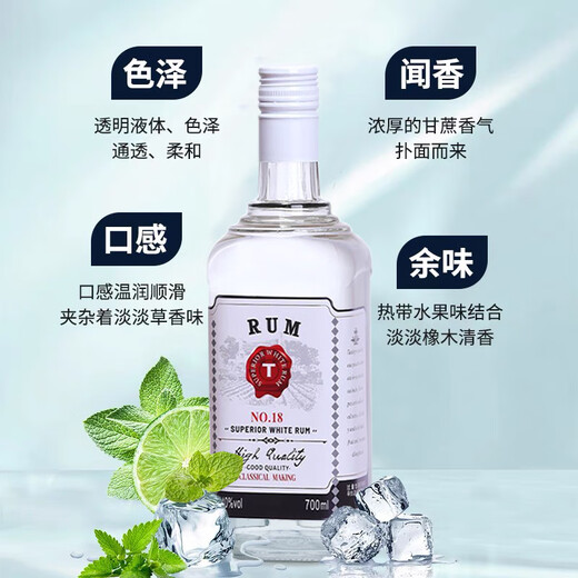 蒂姆庄园朗姆酒700ml调莫吉托mojito洋酒酒吧调酒基酒40度甘蔗酒 白朗姆 700mL 2瓶 赠2只子弹杯