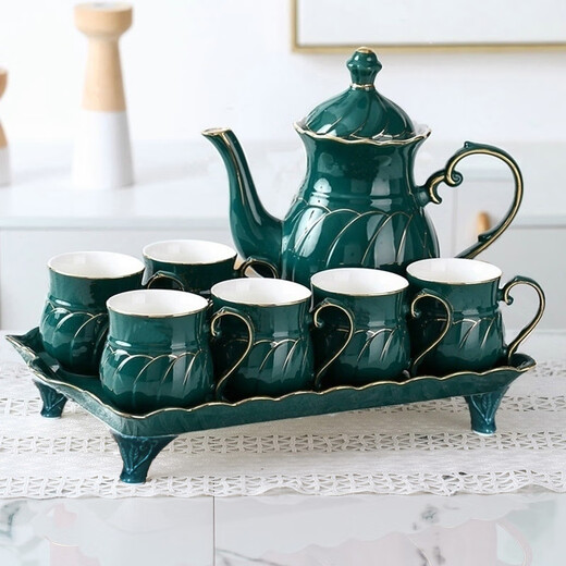 Jingdezhen high-end European water cup set, ceramic living room cup, family light luxury teapot, tea set, tea cup, household cup set, gold and jade brocade with 4 feet and 6 lids