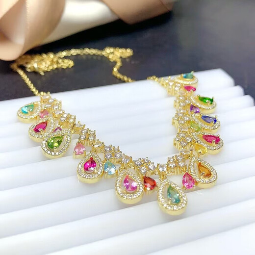 Fujiu Tourmaline naturelle + saphir coloré + apatite + tanzanite + collier en cristal rangée Seiko 925 incrustation en argent