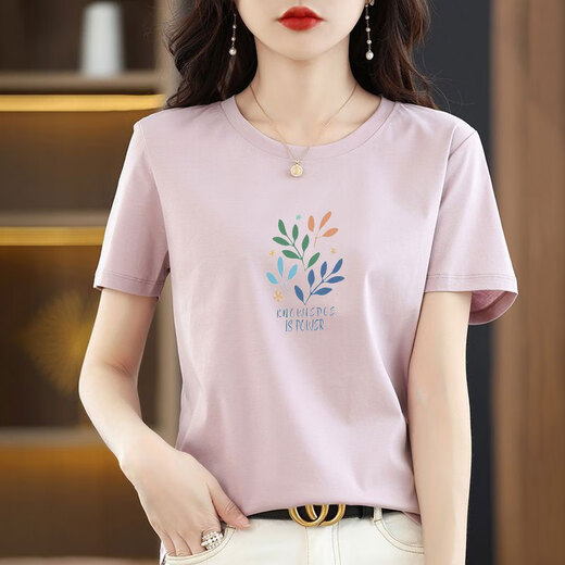 
Pure cotton white short-sleeved T-shirt women's loose printed T-shirt summer top 6193 leather powder short-sleeved M (recommended 80-105 Jin [Jin equals 0.5 kg])