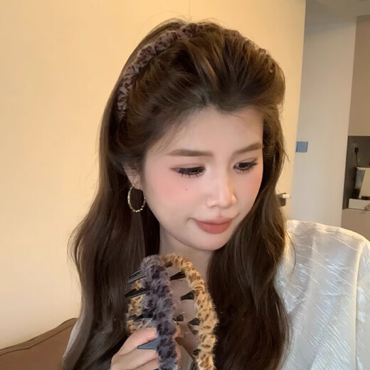 美发工具复古气质豹纹带齿毛绒发箍高颅顶防滑发卡化妆发饰头箍 3#深豹纹发箍