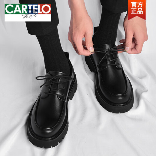 卡帝乐鳄鱼（CARTELO）皮鞋男款英伦风潮流百搭男士休闲大头德比厚底增高低帮耐磨马丁靴 黑色6623 四季款 40 标准皮鞋码
